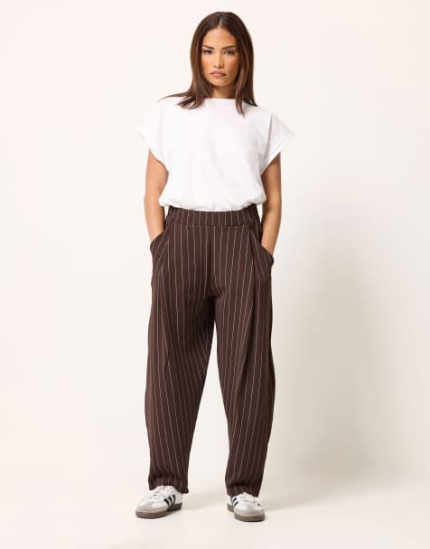 PixieGirl Petite pinstripe barrel leg trousers in brown - view 1