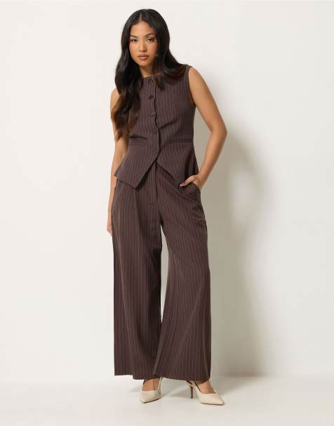 PixieGirl Petite pinstripe trousers in brown - view 1