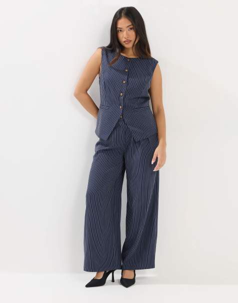 PixieGirl Petite pinstripe wide leg trousers in blue - view 1
