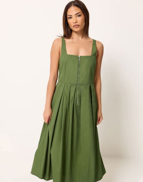 asos petite green dress ASOS DESIGN Petite satin high neck pleated bodice midi dress in green