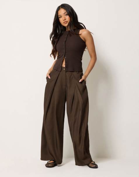 PixieGirl Petite pleated wide leg trousers in brown - view 1
