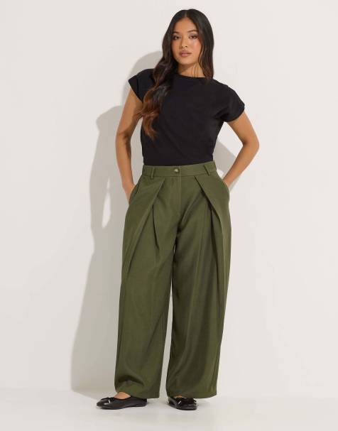 PixieGirl Petite pleated wide leg trousers in green - view 1