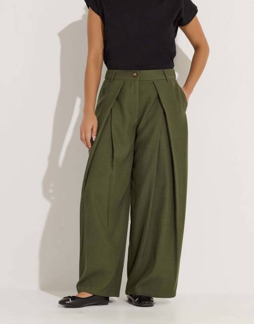 PixieGirl Petite pleated wide leg trousers in green, 2 of 4