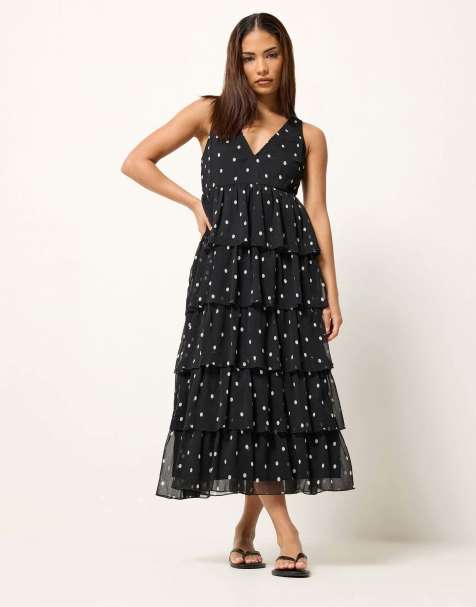 PixieGirl Petite polka dot chiffon midi dress in black