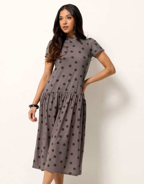 PixieGirl Petite polka dot drop waist maxi dress in brown - view 1