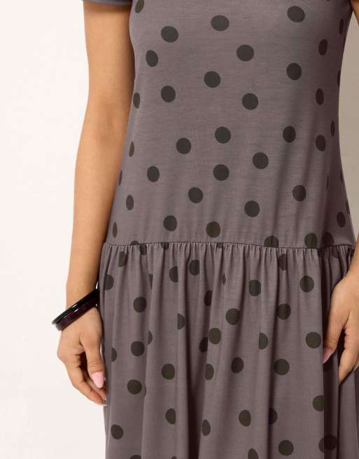 PixieGirl Petite polka dot drop waist maxi dress in brown, 4 of 4