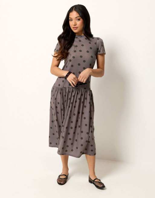 PixieGirl Petite polka dot drop waist midi dress in brown, 2 of 4