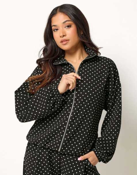 PixieGirl Petite polka dot funnel neck jacket in black - view 1