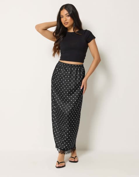 PixieGirl Petite polka dot satin maxi skirt in black