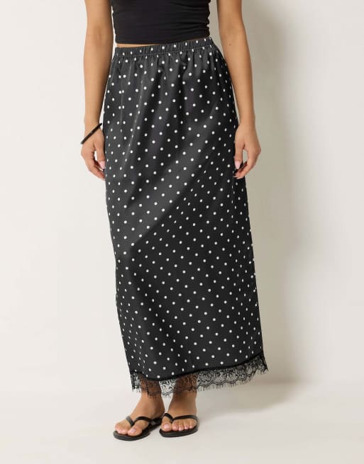 PixieGirl Petite polka dot satin maxi skirt in black, 2 of 4