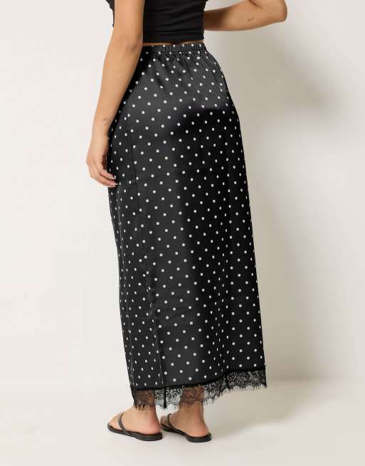 PixieGirl Petite polka dot satin maxi skirt in black, 3 of 4
