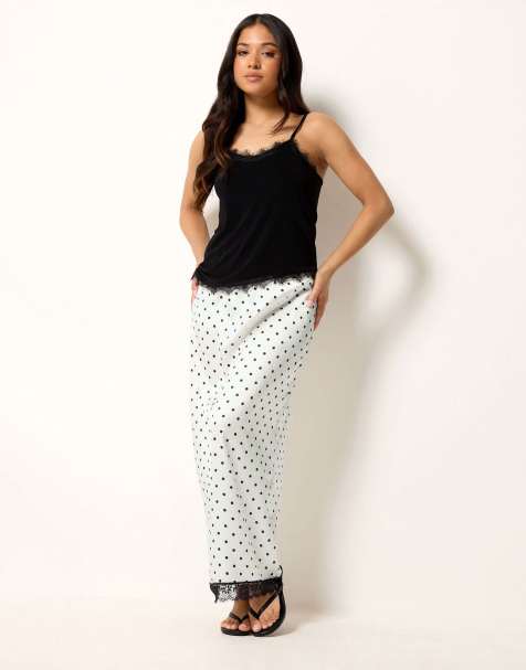 PixieGirl Petite polka dot satin maxi skirt in white - view 1