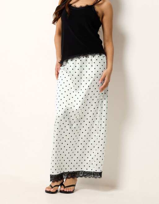 PixieGirl Petite polka dot satin maxi skirt in white, 2 of 4