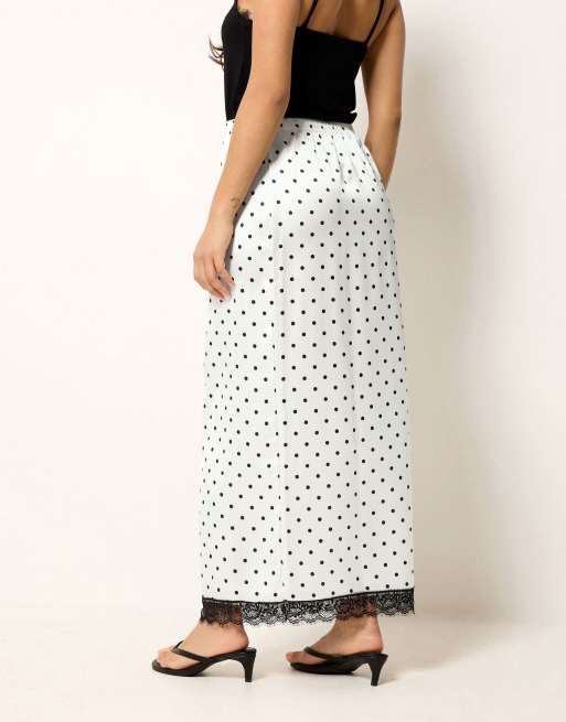 PixieGirl Petite polka dot satin maxi skirt in white, 3 of 4