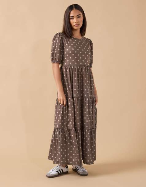 PixieGirl Petite polka dot tiered dress in brown - view 1