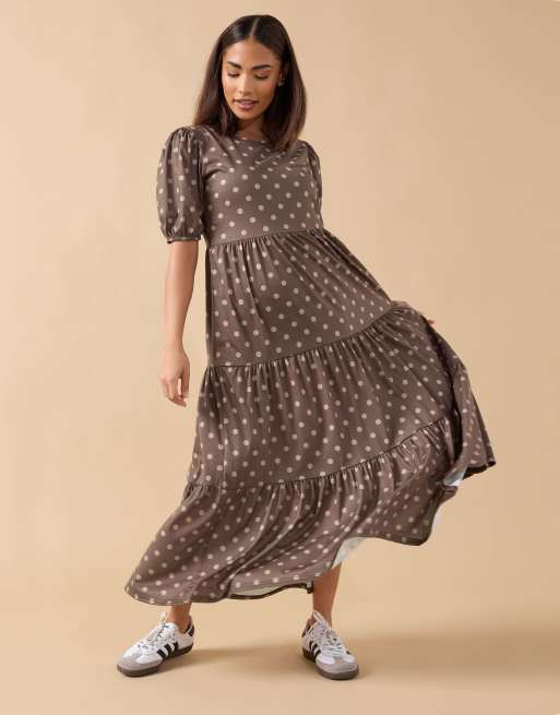 PixieGirl Petite polka dot tiered dress in brown, 2 of 4