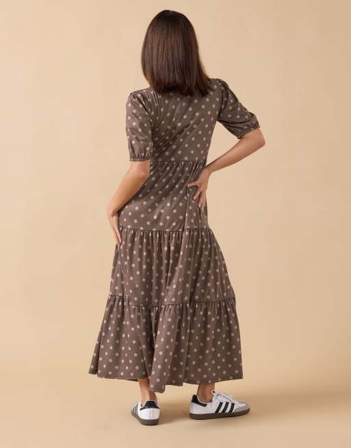 PixieGirl Petite polka dot tiered dress in brown, 3 of 4