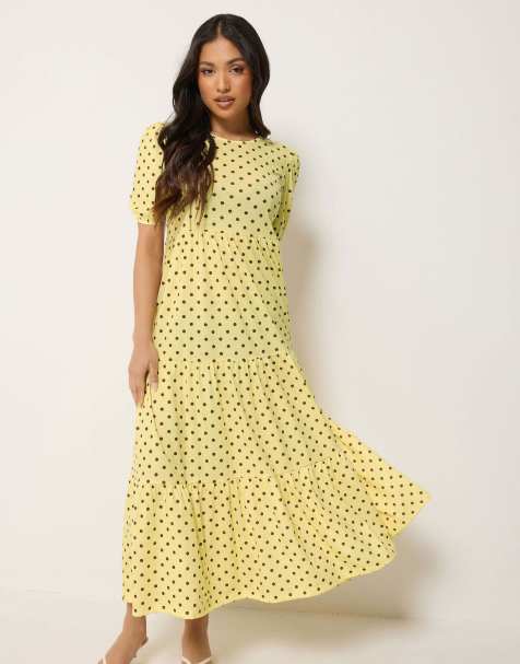 PixieGirl Petite polka dot tiered maxi dress in yellow