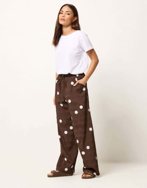 PixieGirl Petite polka dot wide leg trousers in brown