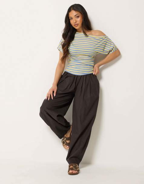 PixieGirl Petite poplin cotton barrel leg trousers in brown - view 1