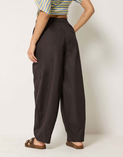 PixieGirl Petite poplin cotton barrel leg trousers in brown, 3 of 4