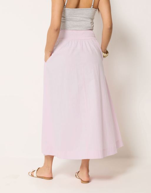PixieGirl Petite poplin shirred cotton maxi skirt in pink, 3 of 4