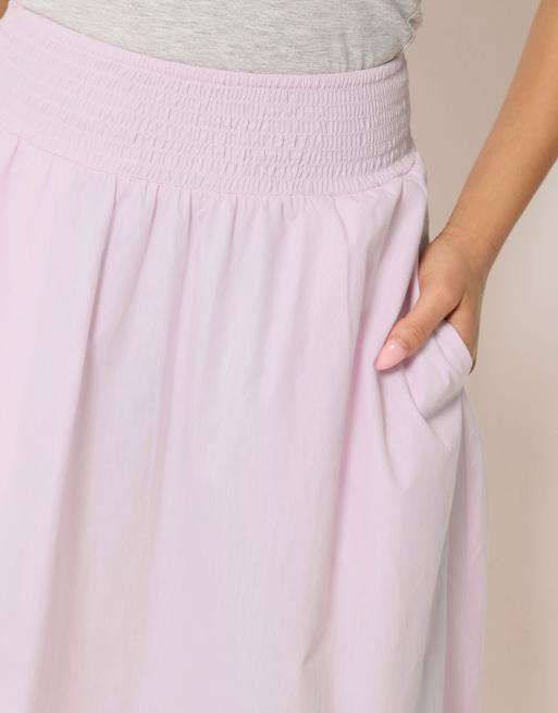 PixieGirl Petite poplin shirred cotton maxi skirt in pink, 4 of 4