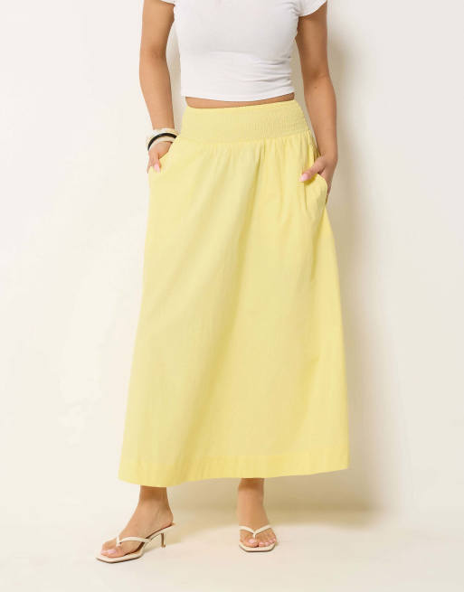 PixieGirl Petite poplin shirred cotton maxi skirt in yellow, 3 of 4