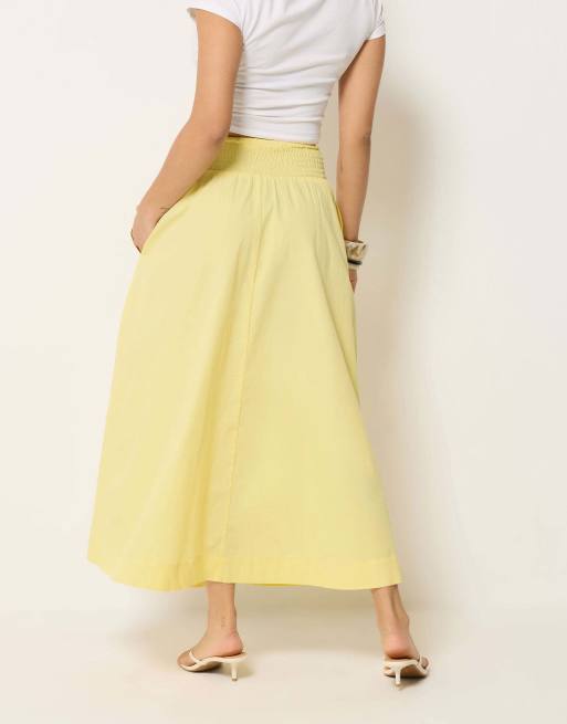 PixieGirl Petite poplin shirred cotton maxi skirt in yellow, 4 of 4