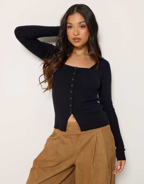 PixieGirl Petite ribbed button scoop neck jumper in black - view 1