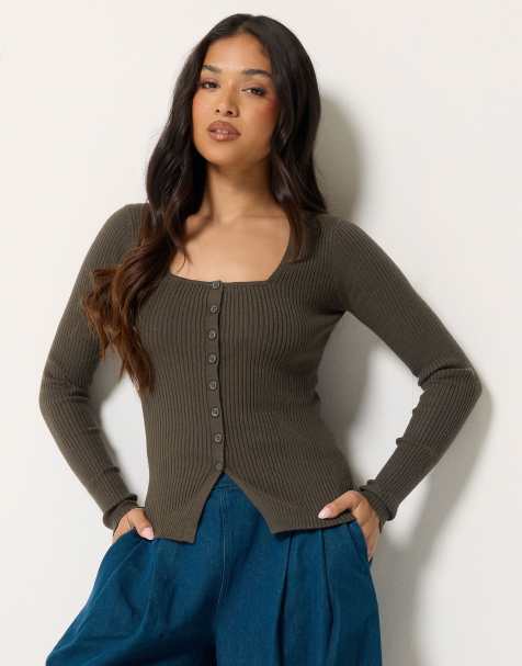 PixieGirl Petite ribbed button scoop neck jumper in brown - view 1