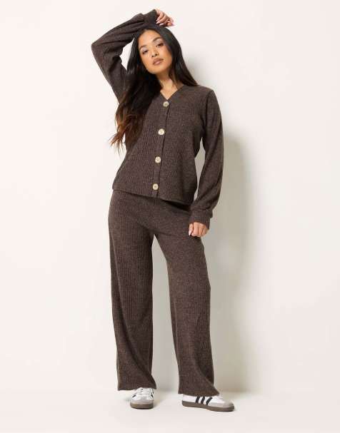 PixieGirl Petite ribbed co-ord set in brown - view 1