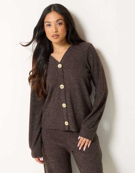 PixieGirl Petite ribbed soft touch cardigan in brown - view 1