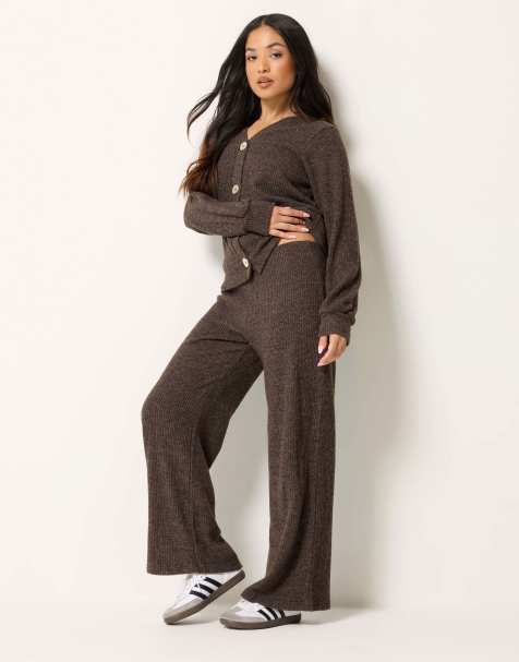 PixieGirl Petite ribbed soft touch wide leg trousers in brown