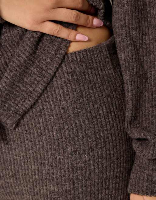 PixieGirl Petite ribbed soft touch wide leg trousers in brown, 2 of 4