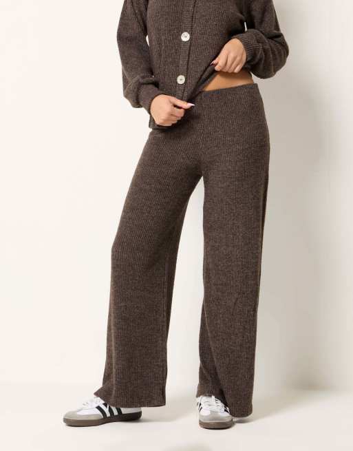 PixieGirl Petite ribbed soft touch wide leg trousers in brown, 3 of 4