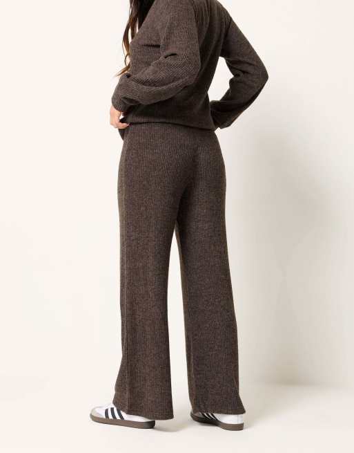 PixieGirl Petite ribbed soft touch wide leg trousers in brown, 4 of 4