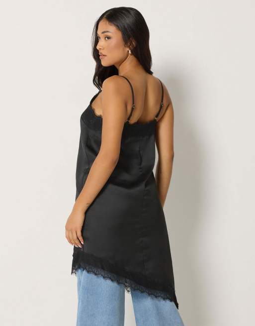 PixieGirl Petite satin asymmetric dress in black, 3 of 4