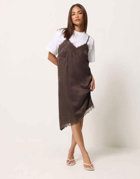 PixieGirl Petite satin asymmetric dress in brown
