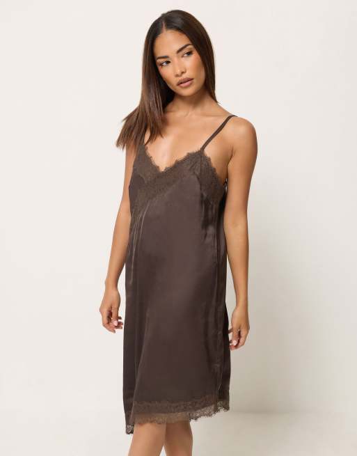 PixieGirl Petite satin asymmetric dress in brown, 2 of 4