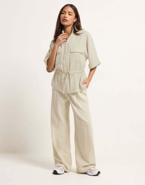 PixieGirl Petite shacket and trouser set in natural - view 1