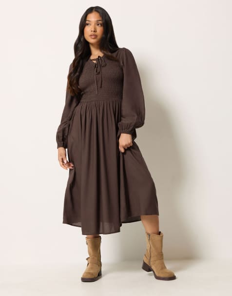 PixieGirl Petite shirred midi dress in brown - view 1