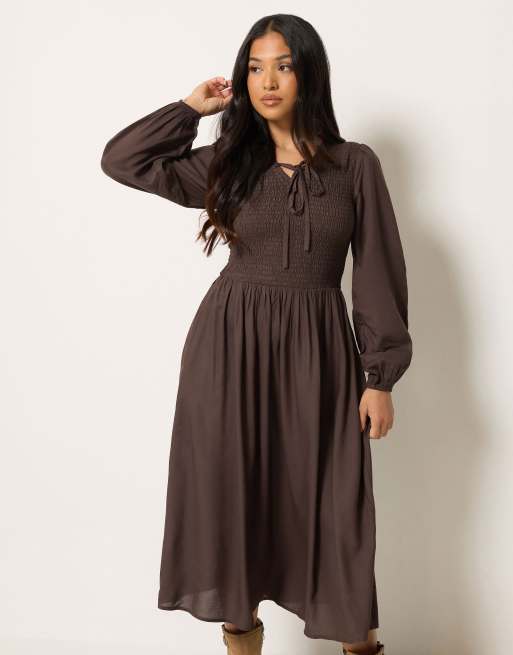 PixieGirl Petite shirred midi dress in brown, 2 of 4