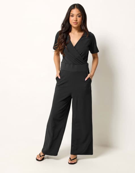 PixieGirl Petite short sleeve wide leg jumpsuit in black - view 1