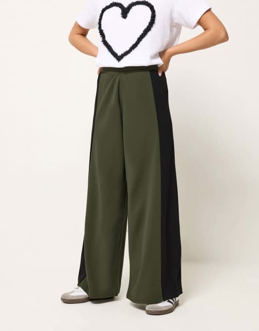 PixieGirl Petite side panel wide leg trousers in green, 3 of 4