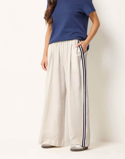 PixieGirl Petite side stripe linen wide leg trousers in natural - view 1