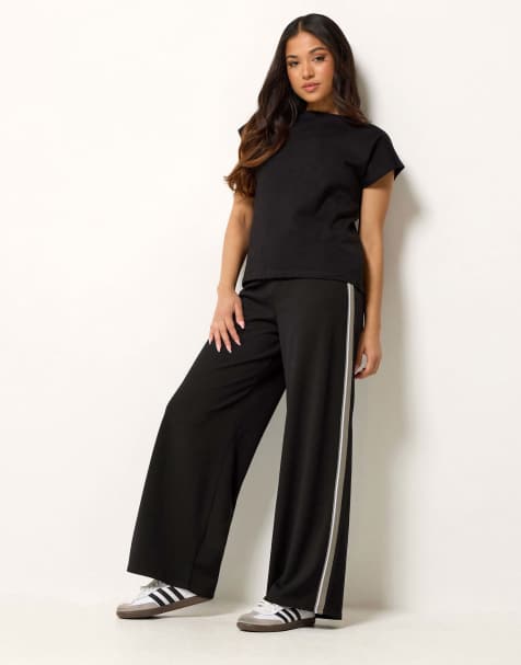 PixieGirl Petite side stripe wide leg trousers in black - view 1