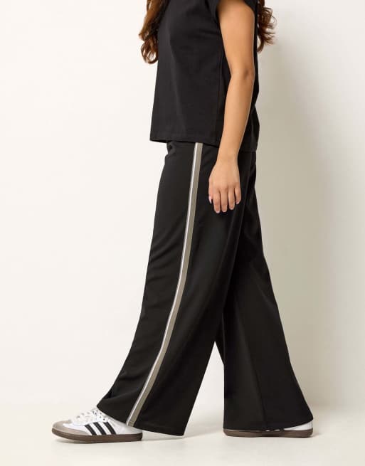PixieGirl Petite side stripe wide leg trousers in black, 2 of 4