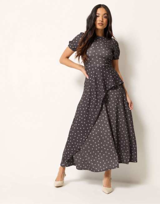 PixieGirl Petite spot maxi dress in brown, 4 of 4