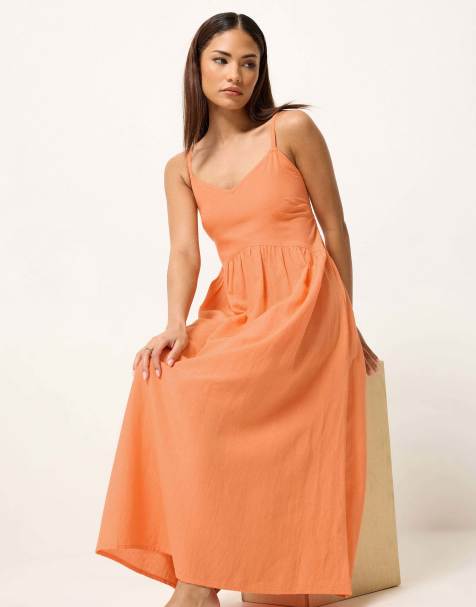 PixieGirl Petite strappy linen midi dress in orange - view 1